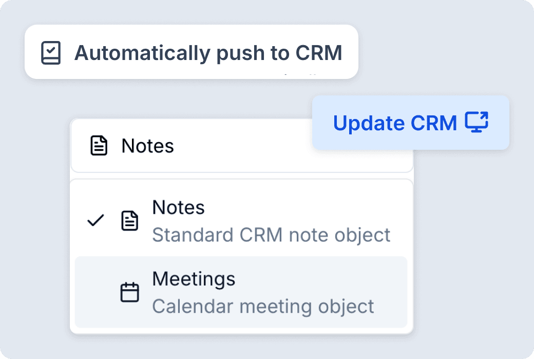 CRM update interface showing automatic push options and meeting/notes selection