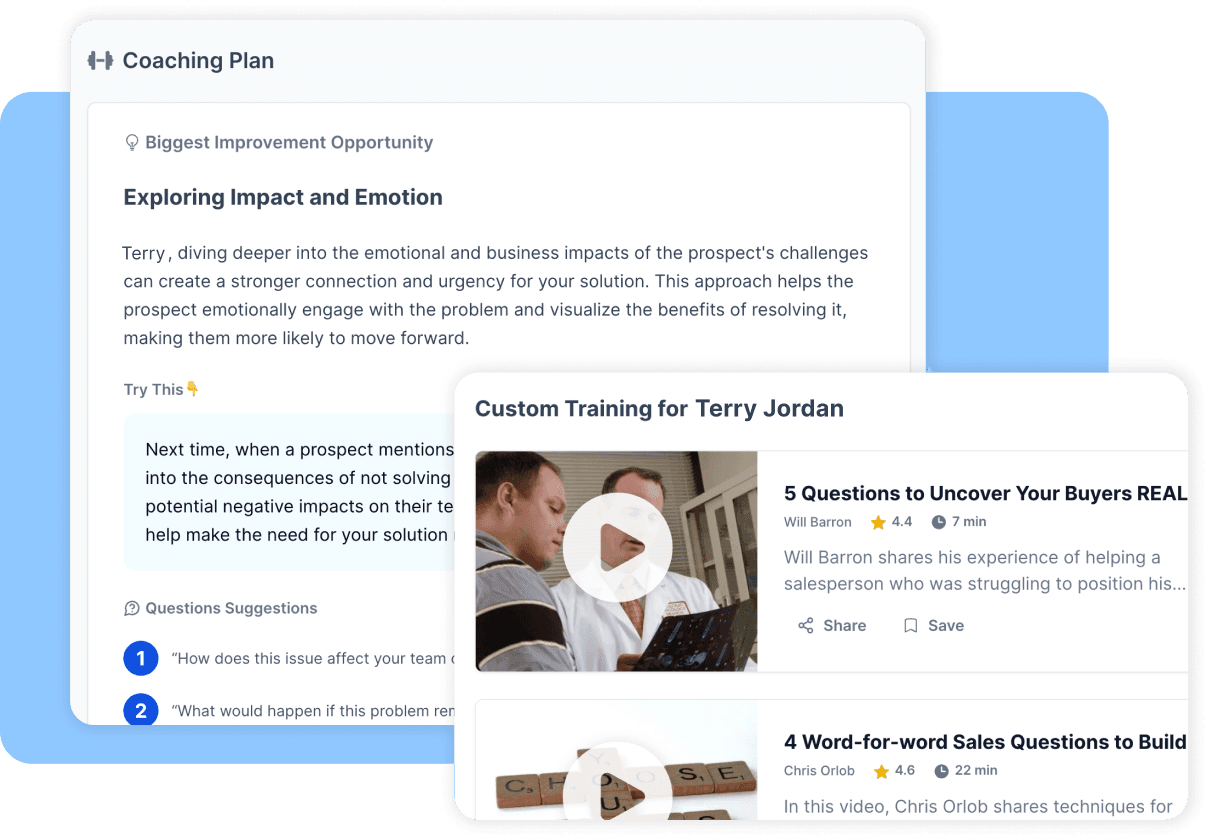 Coaching plan showing improvement tips for emotional impact and custom training videos