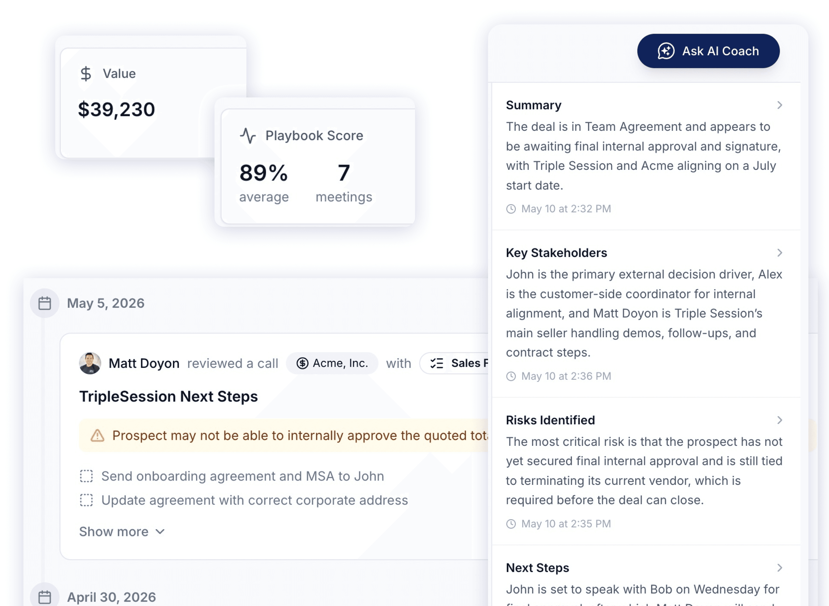 Deal insights panel with playbook score and key moments timeline