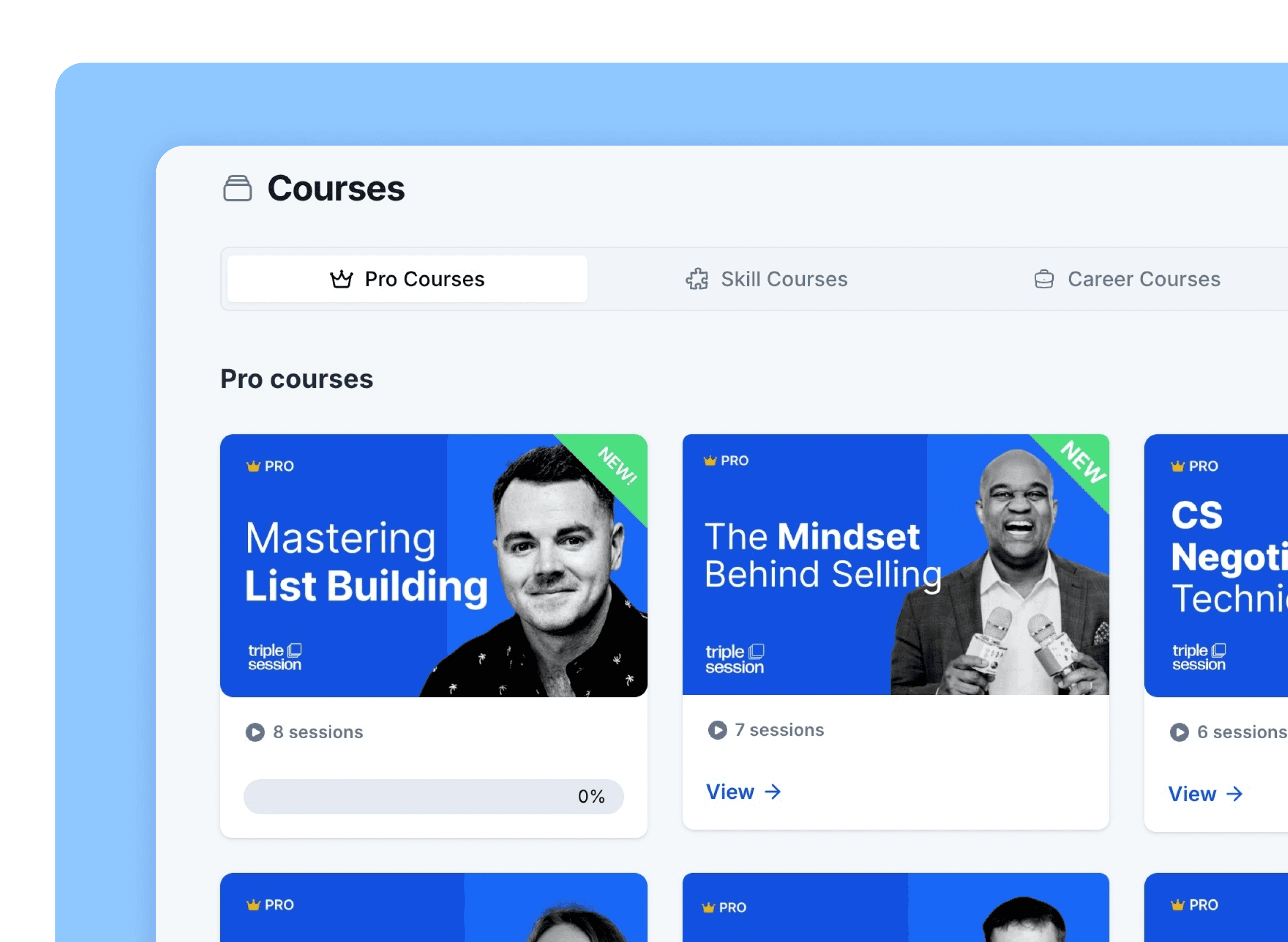 Course library with pro, soft skills, and career tracks