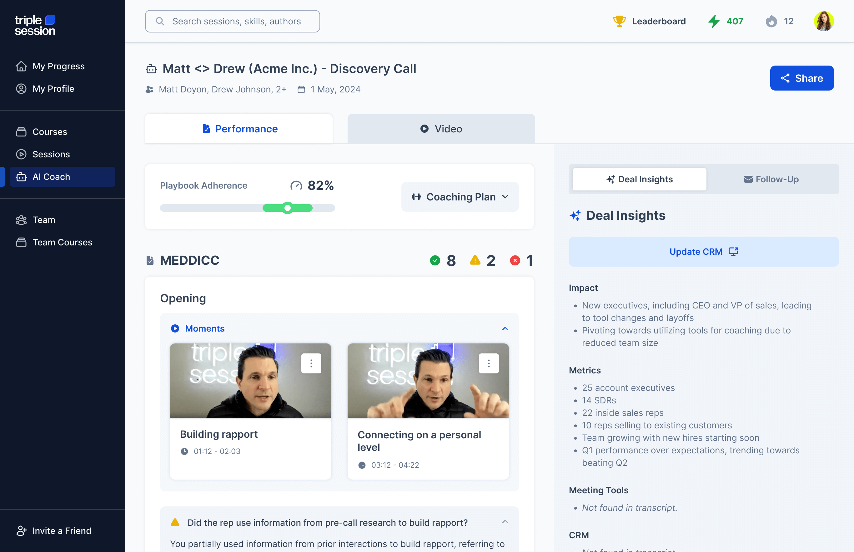 Triple Session AI Sales Platform Dashboard Preview